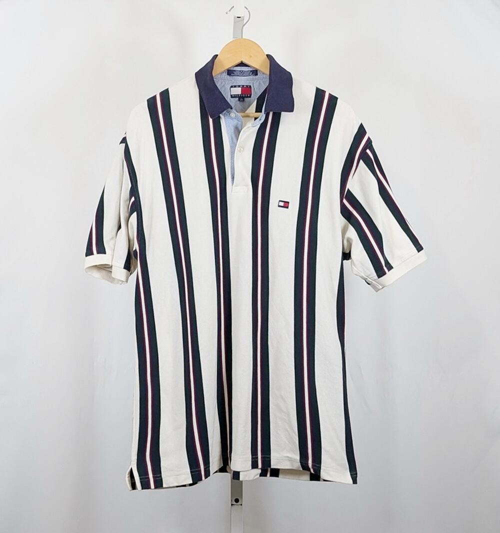 Vintage 90s Y2K Tommy Hilfiger Polo Shirt White Stripe Cotton Men's Size L